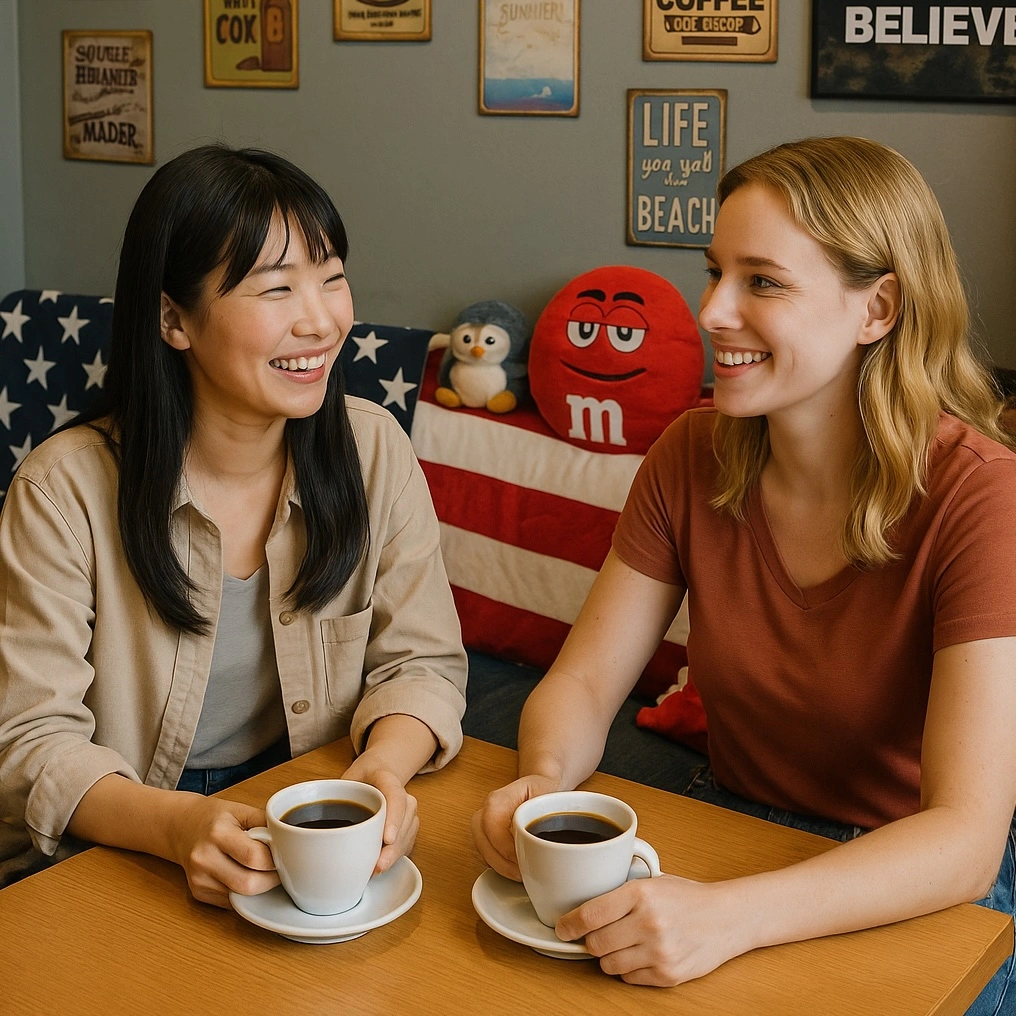 生徒でファミリー英会話のコズモズコーヒーでのんびりネイティブ先生と楽しい会話しています。